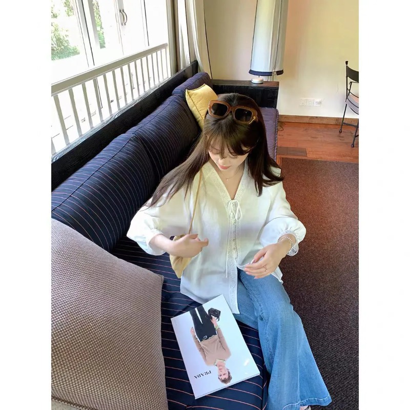 レディース ライトグリーン Vネック ブラウス ロング パフ - Tie Front Shirt のレビューと価格