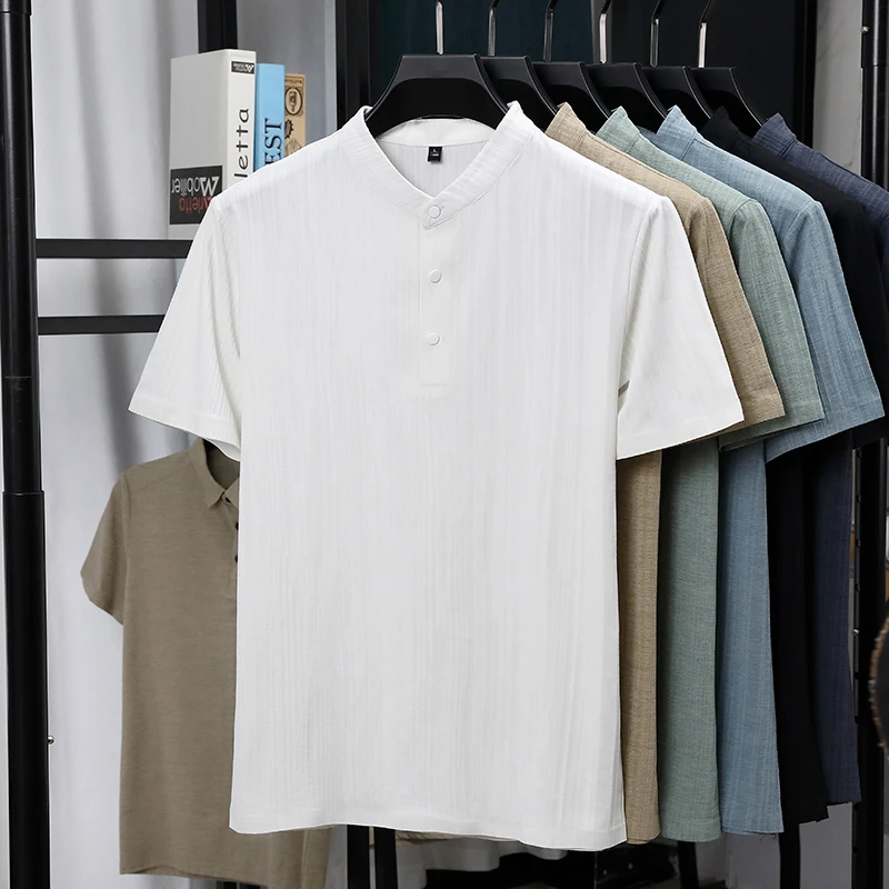 メンズマンダリンカラーハーフプラケットリネンテクスチャード半 - Summer Clothing Linen のレビューと価格