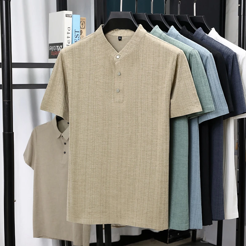 メンズマンダリンカラーハーフプラケットリネンテクスチャード半 - Summer Clothing Linen のレビューと価格