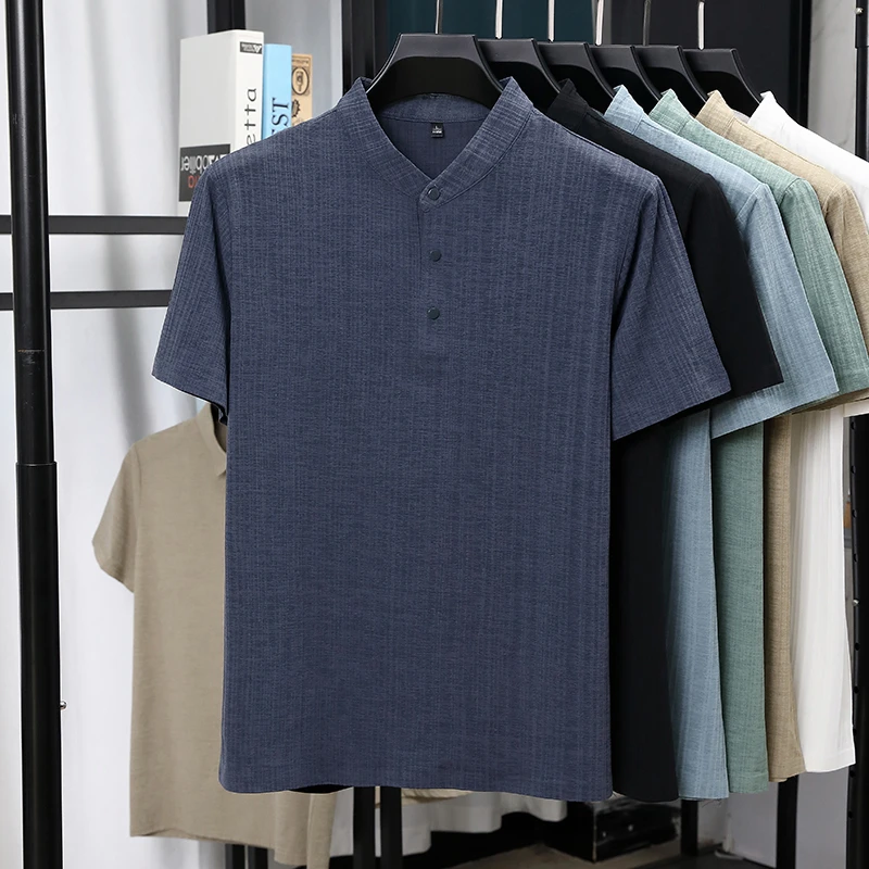 メンズマンダリンカラーハーフプラケットリネンテクスチャード半 - Summer Clothing Linen のレビューと価格