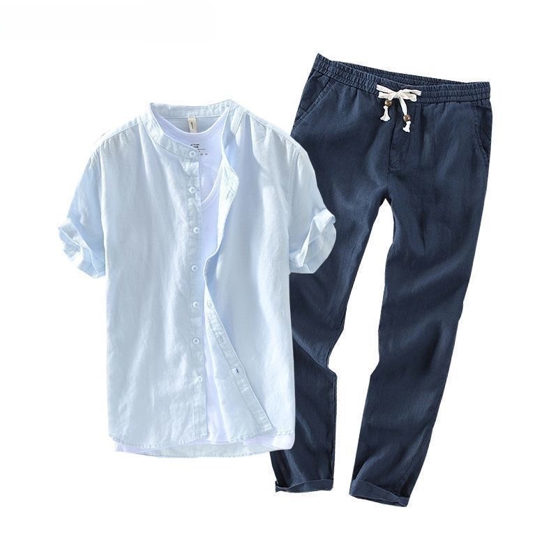 メンズリネン半袖カジュアルシャツとTシャツセット通気性のある - Summer Clothing Linen のレビューと価格