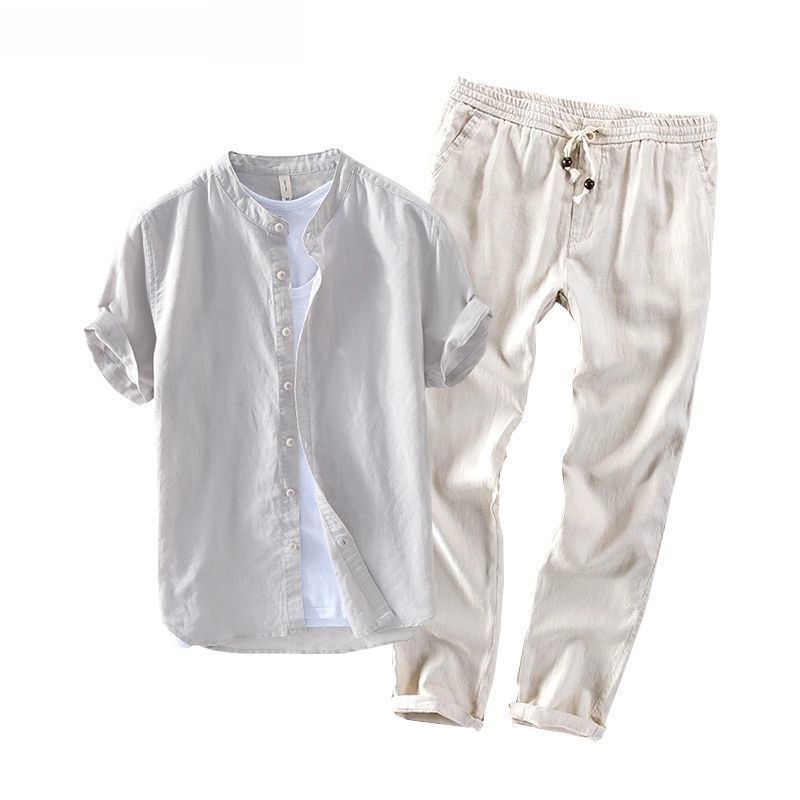 メンズリネン半袖カジュアルシャツとTシャツセット通気性のある - Summer Clothing Linen のレビューと価格