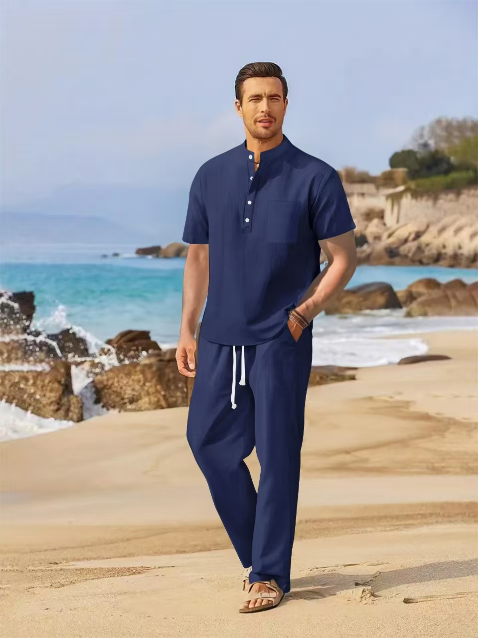 夏のメンズ綿麻セットアップ カジュアルヘンリーシャツ半袖＋ル - Summer Clothing Men Linen のレビューと価格
