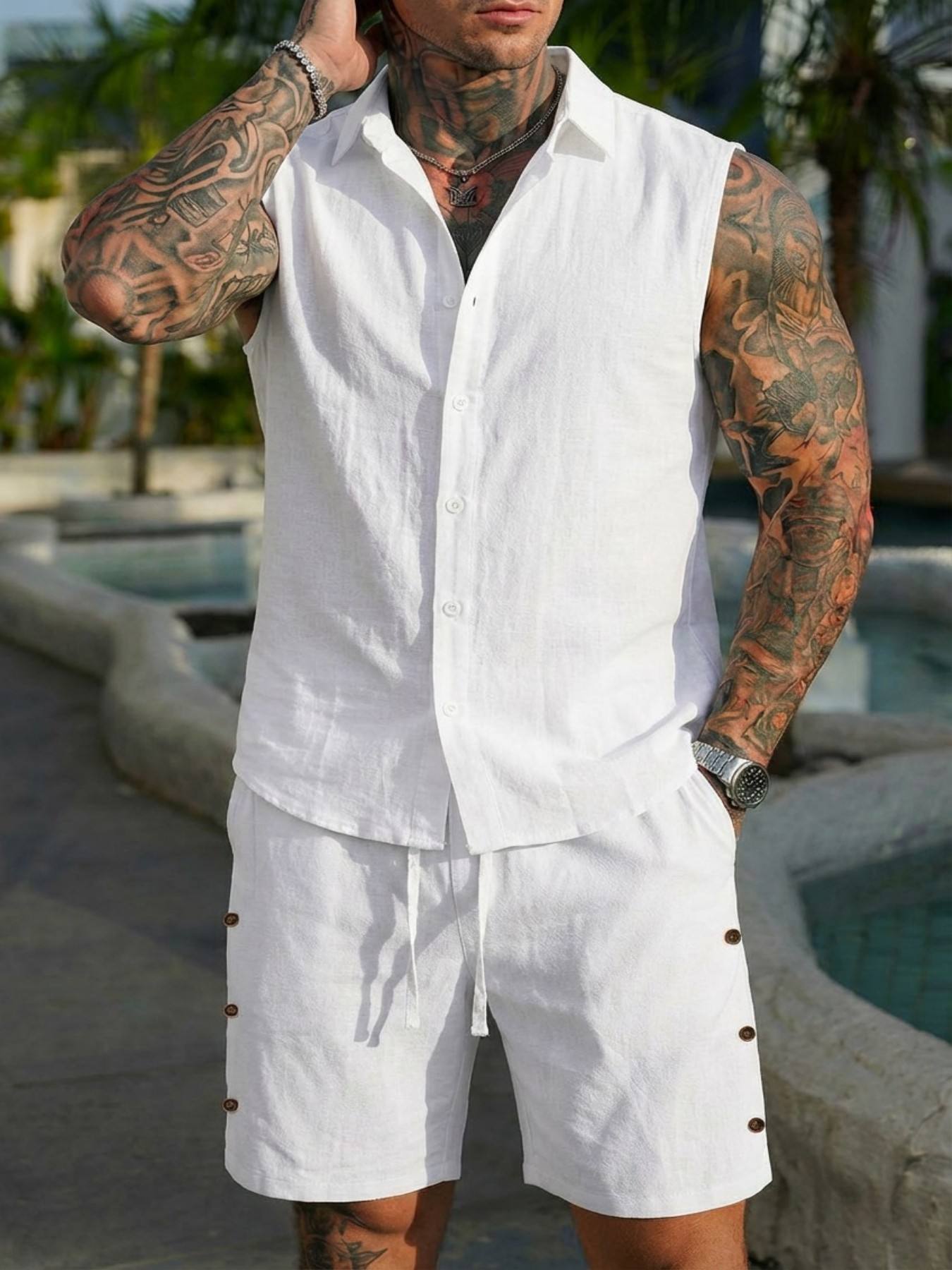 男性用サマーリネンシャツセット、カジュアルアウトドアツーピー - Summer Clothing Men Linen のレビューと価格