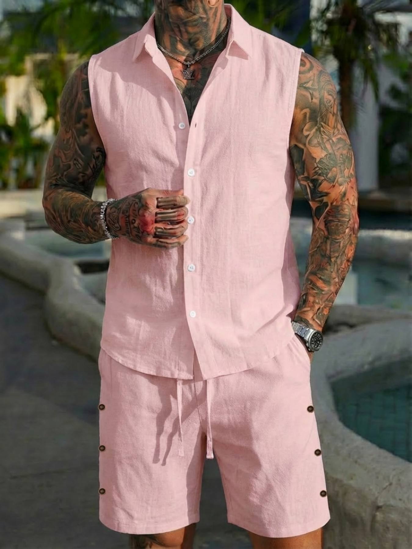 男性用サマーリネンシャツセット、カジュアルアウトドアツーピー - Summer Clothing Men Linen のレビューと価格