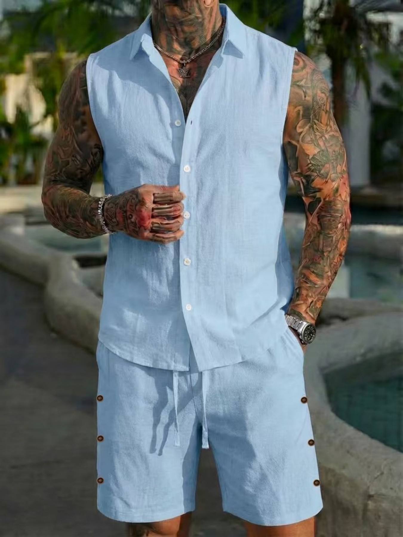 男性用サマーリネンシャツセット、カジュアルアウトドアツーピー - Summer Clothing Men Linen のレビューと価格