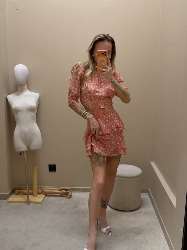 花柄プリント レディース ツーピースセット パフスリーブ ク - Tie Front Shirt のレビューと価格