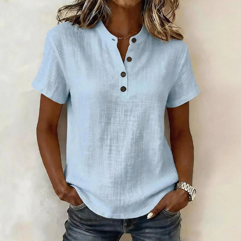 夏用半袖ベーシックブラウス レディースシャツ 無地 Vネック - Summer Clothing Men Linen のレビューと価格