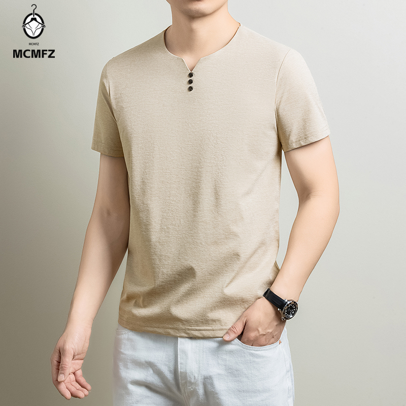 メンズベーシックヘンリーTシャツ快適なコットンブレンド半袖ト - Summer Clothing Guys のレビューと価格