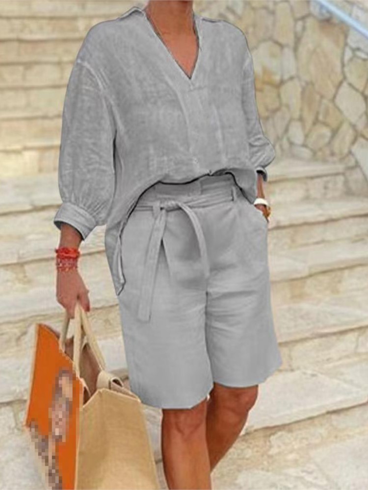 ゆったりとしたコットンとリネンのツーピースセット,半袖,Vネ - Summer Clothing Linen のレビューと価格