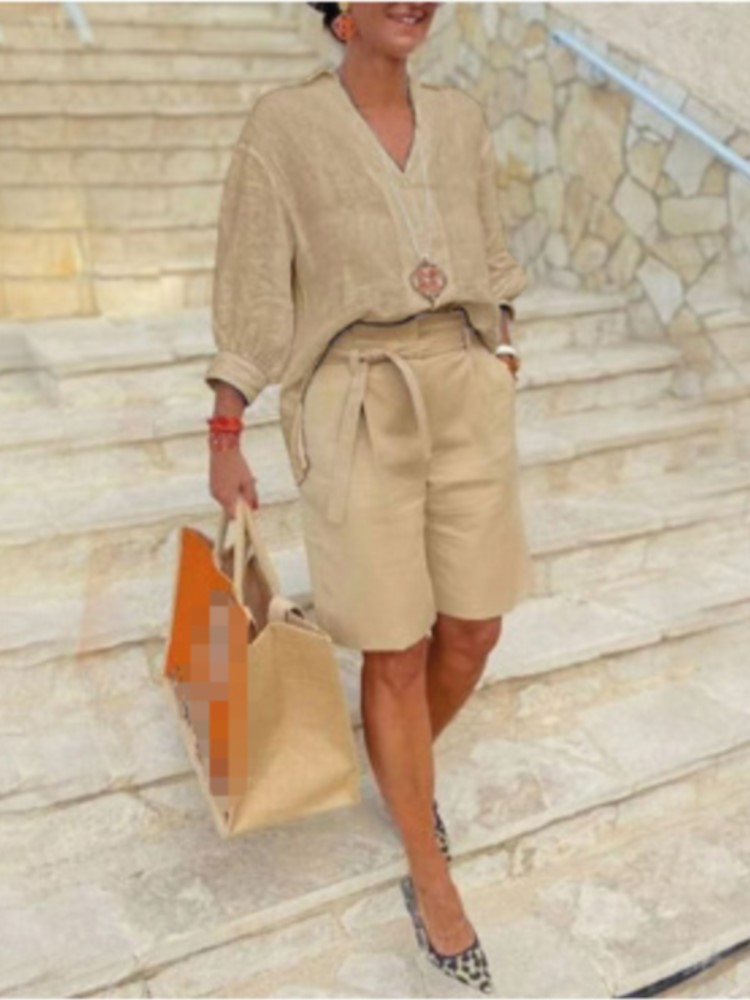 ゆったりとしたコットンとリネンのツーピースセット,半袖,Vネ - Summer Clothing Linen のレビューと価格