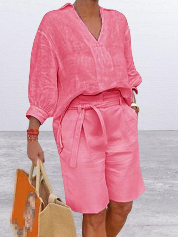 ゆったりとしたコットンとリネンのツーピースセット,半袖,Vネ - Summer Clothing Linen のレビューと価格