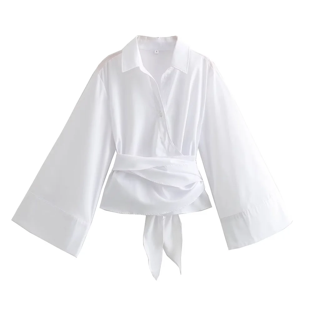 女性用ダブルブレストポプリンシャツ,ポロカラー,蝶ネクタイ, - Tie Front Shirt のレビューと価格