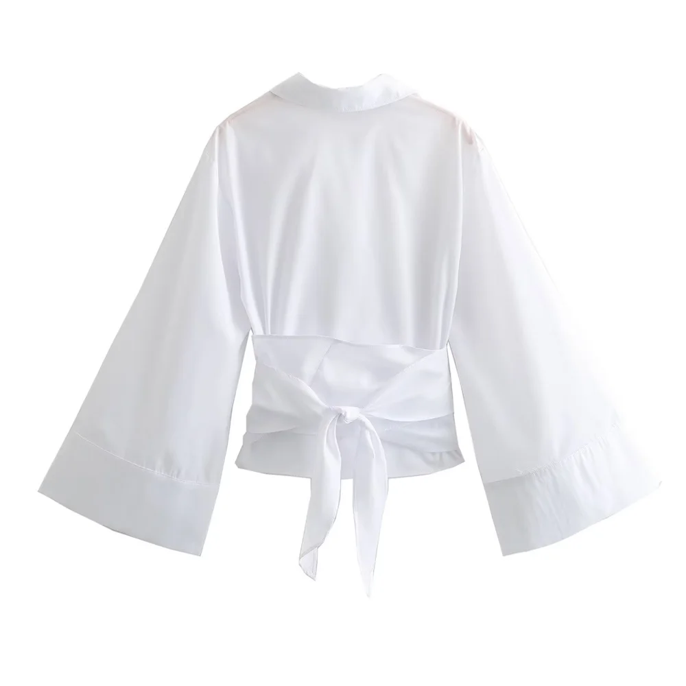 女性用ダブルブレストポプリンシャツ,ポロカラー,蝶ネクタイ, - Tie Front Shirt のレビューと価格