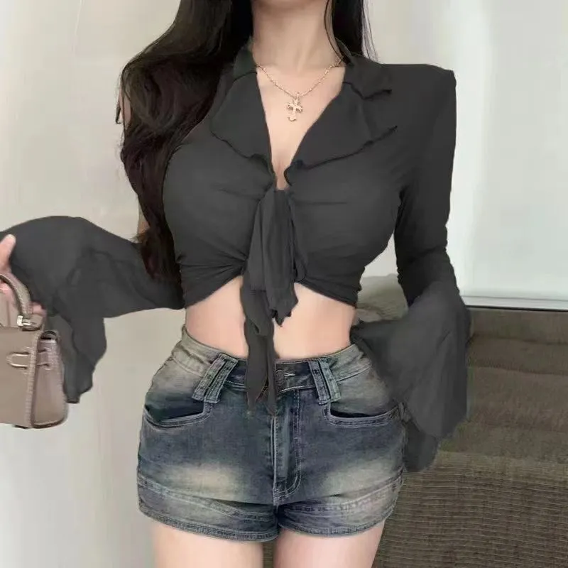 女性のセクシーなシアーメッシュクロップシャツタイフロントフレ - Tie Front Shirt のレビューと価格