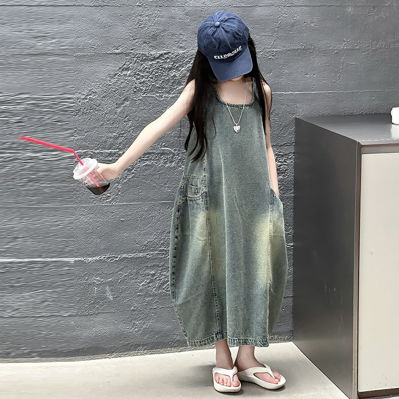 ヴィンテージブルー子供女の子高品質ノースリーブデニムドレスス - Summer Clothing Linen のレビューと価格