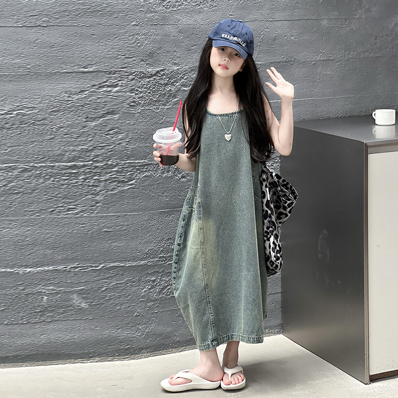 ヴィンテージブルー子供女の子高品質ノースリーブデニムドレスス - Summer Clothing Linen のレビューと価格