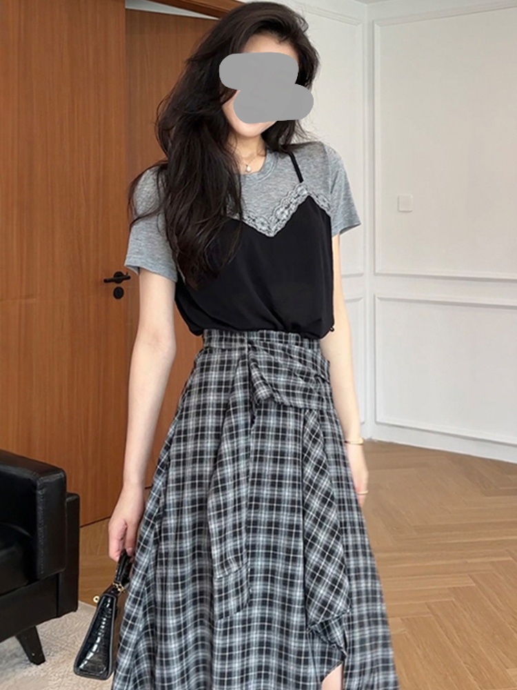 夏の新作ファッションデザイン、レース半袖、イレギュラーチェッ - Quality Summer Clothing のレビューと価格