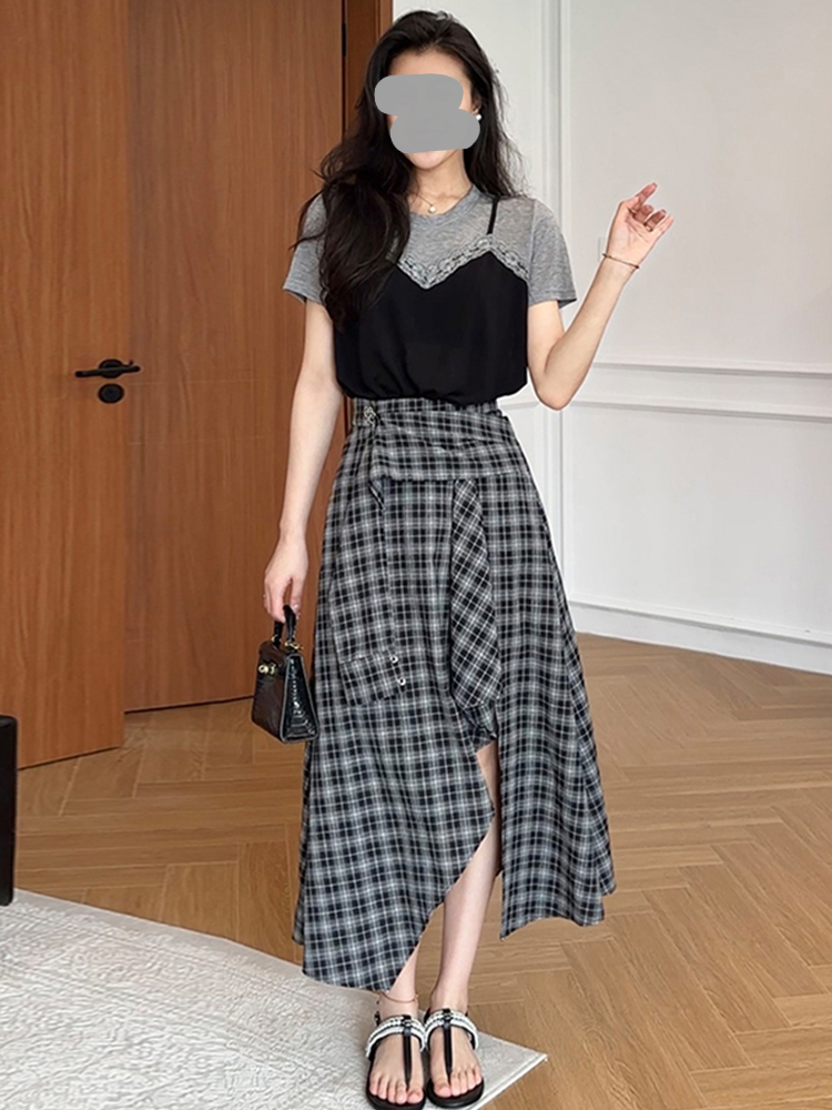 夏の新作ファッションデザイン、レース半袖、イレギュラーチェッ - Quality Summer Clothing のレビューと価格