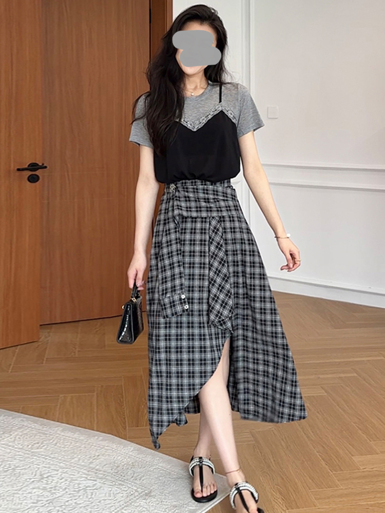 夏の新作ファッションデザイン、レース半袖、イレギュラーチェッ - Quality Summer Clothing のレビューと価格
