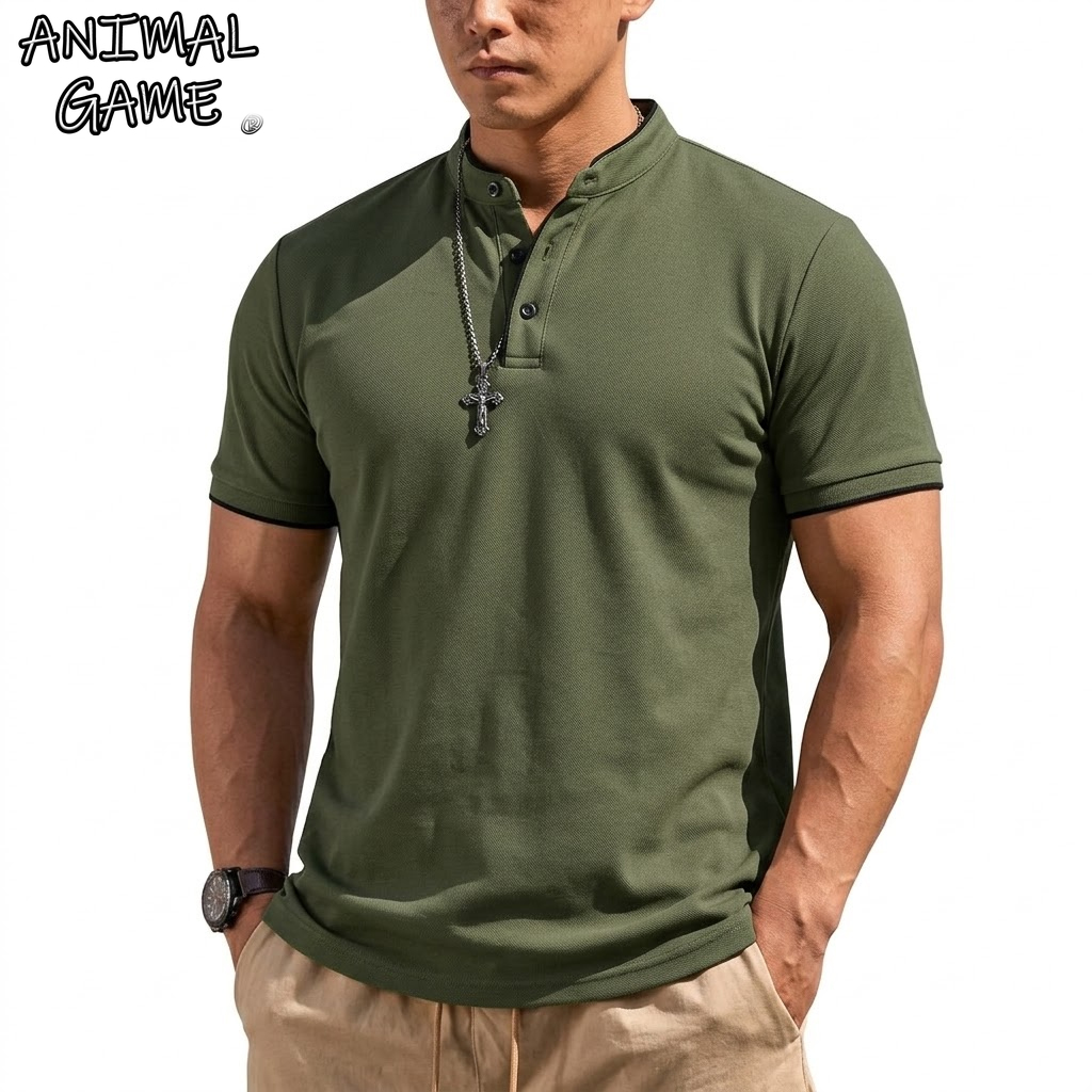 夏半袖ヘンリーシャツ男性ボタンポロシャツクラシック襟なし T - Summer Clothing Guys のレビューと価格