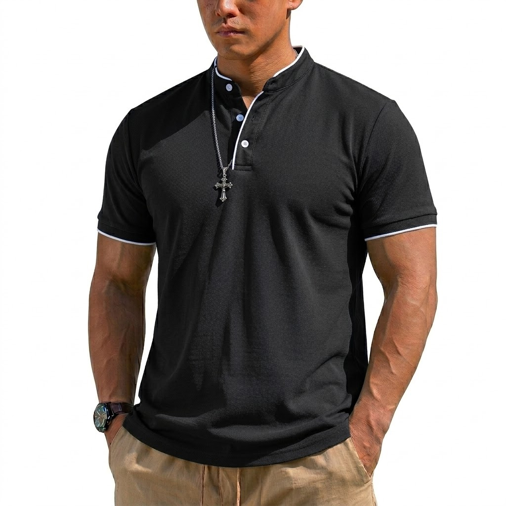 夏半袖ヘンリーシャツ男性ボタンポロシャツクラシック襟なし T - Summer Clothing Guys のレビューと価格