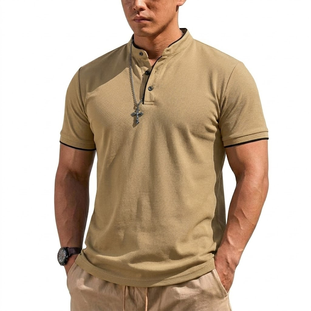夏半袖ヘンリーシャツ男性ボタンポロシャツクラシック襟なし T - Summer Clothing Guys のレビューと価格