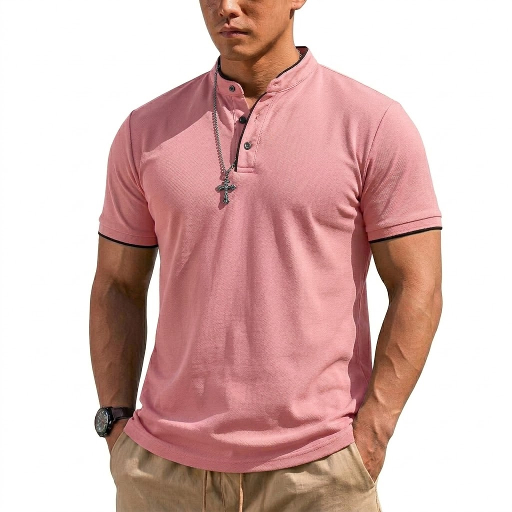 夏半袖ヘンリーシャツ男性ボタンポロシャツクラシック襟なし T - Summer Clothing Guys のレビューと価格