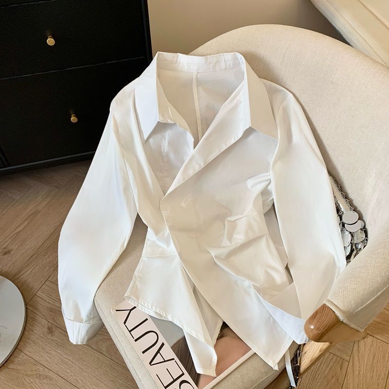 デザイナーイレギュラーロングスリーブポロシャツ レディースチ - Tie Front Shirt のレビューと価格