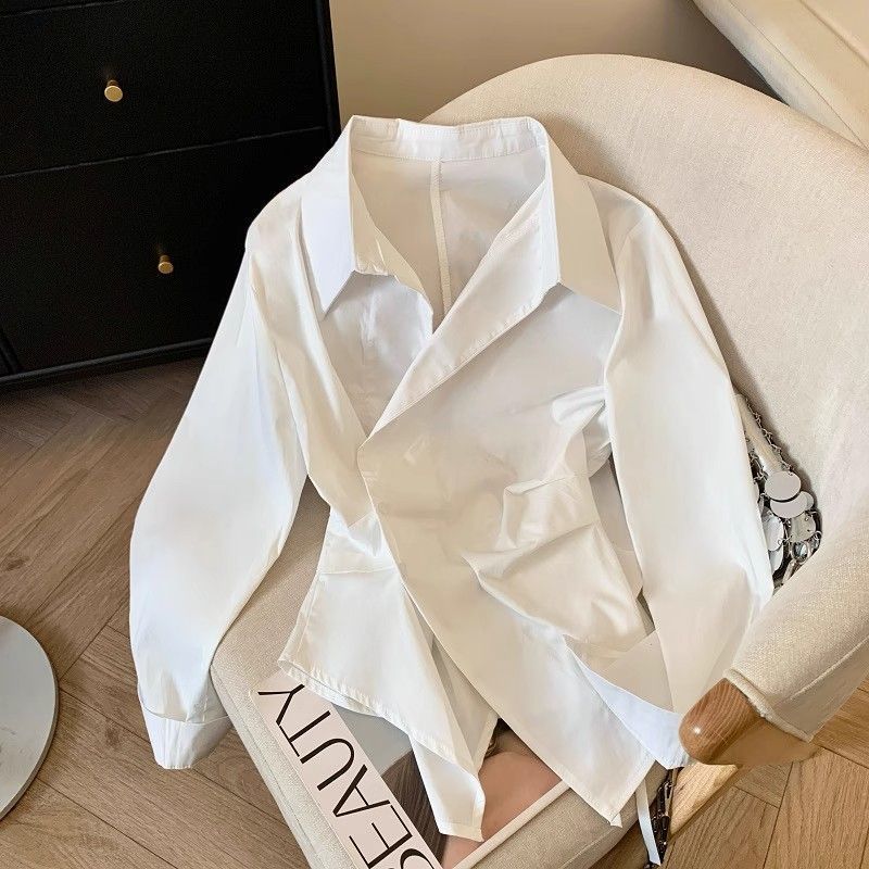 デザイナーイレギュラーロングスリーブポロシャツ レディースチ - Tie Front Shirt のレビューと価格
