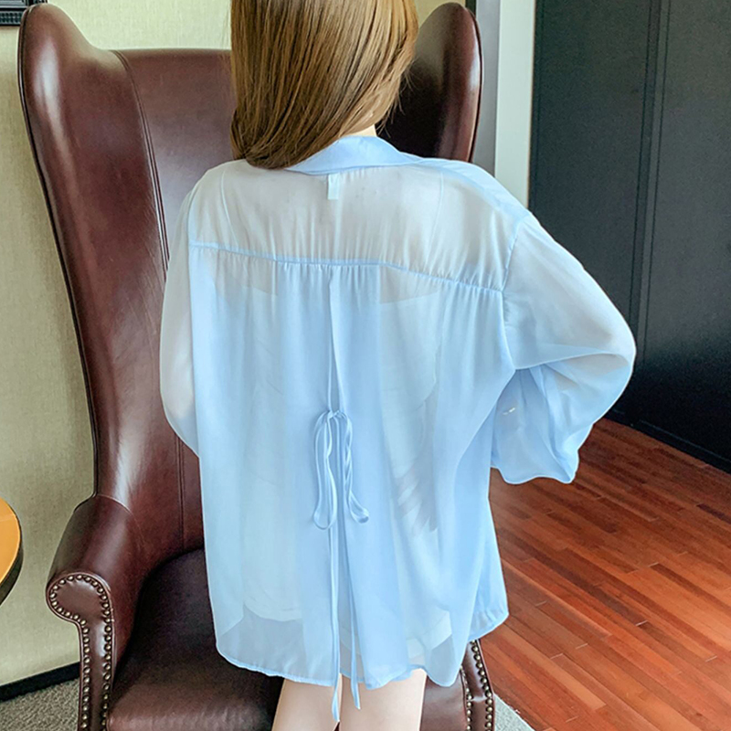 タイバックボタンダウンシャツ女性半薄手シフォン長袖襟付きオー - Tie Front Shirt のレビューと価格