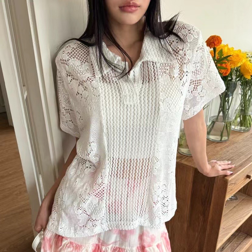 レトロ襟付きレースシャツ レディースコットンニットセーター  - Summer Clothing Online Shopping のレビューと価格