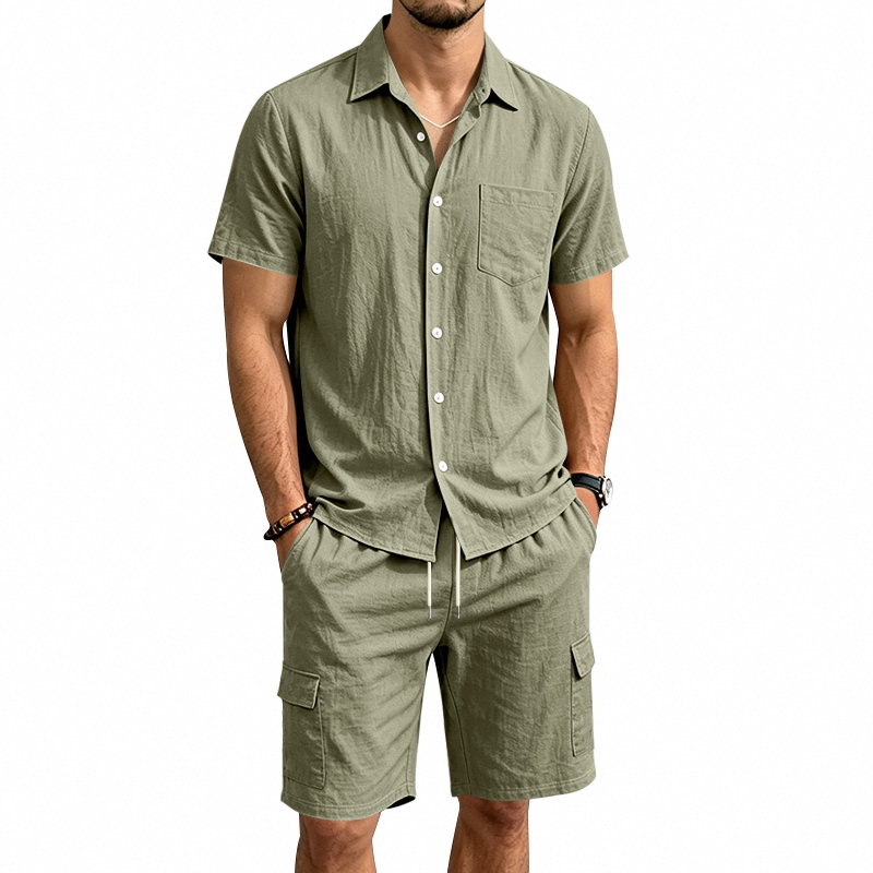 メンズ夏アメリカンリネンツーピースセット半袖シャツドロースト - Summer Clothing Linen のレビューと価格