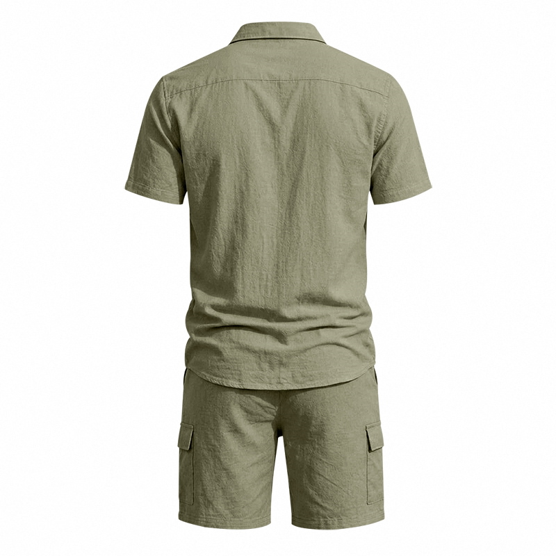 メンズ夏アメリカンリネンツーピースセット半袖シャツドロースト - Summer Clothing Linen のレビューと価格