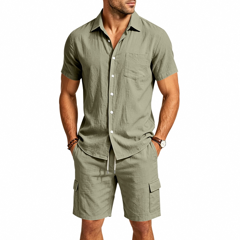 メンズ夏アメリカンリネンツーピースセット半袖シャツドロースト - Summer Clothing Linen のレビューと価格