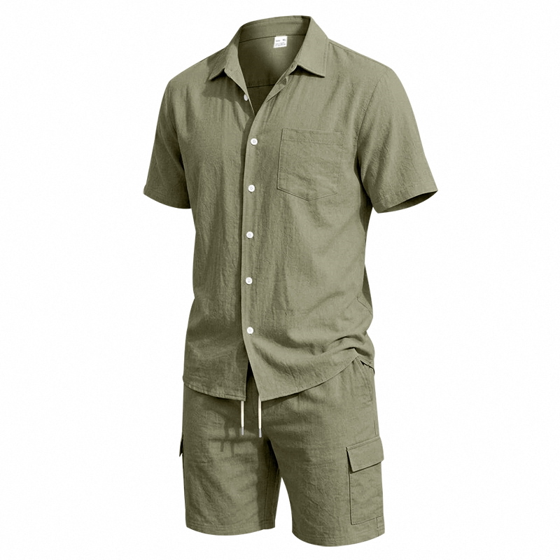 メンズ夏アメリカンリネンツーピースセット半袖シャツドロースト - Summer Clothing Linen のレビューと価格